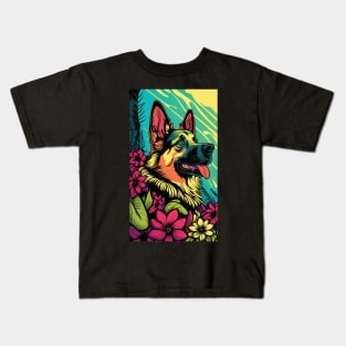 German Shepherd Dog Vibrant Tropical Flower Tall Retro Vintage Digital Pop Art Portrait 2 Kids T-Shirt